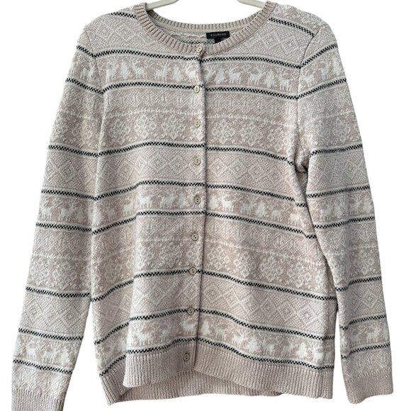 Talbots cream black Fair Isle cardigan soft cotton blend SzL - Picture 2 of 6